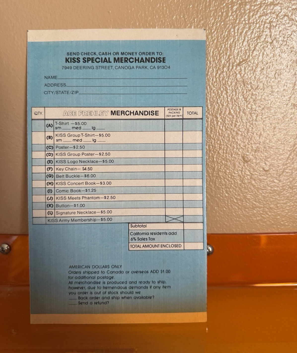 1978 KISS Army Merchandise Order Form & Membership Flyer (Ace Frehley)