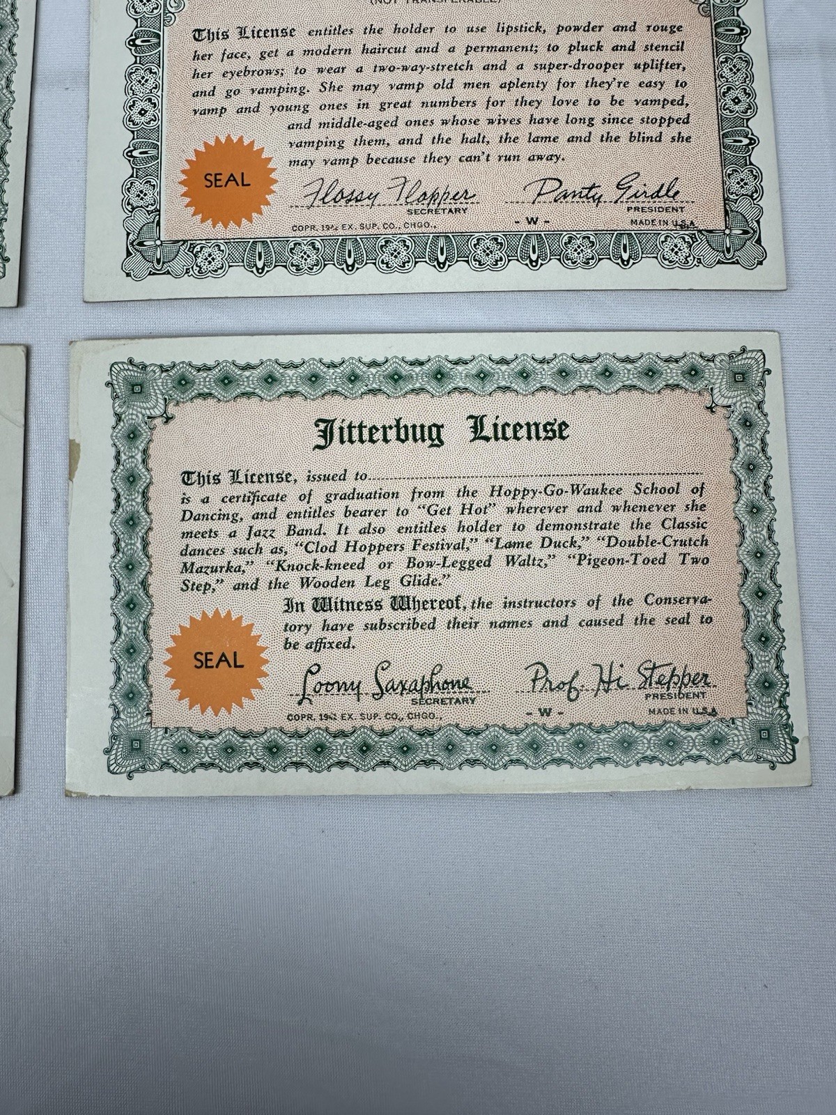 Vintage 1940s Novelty Certificates Lot Matrimonial Pants License Vamp Etc.