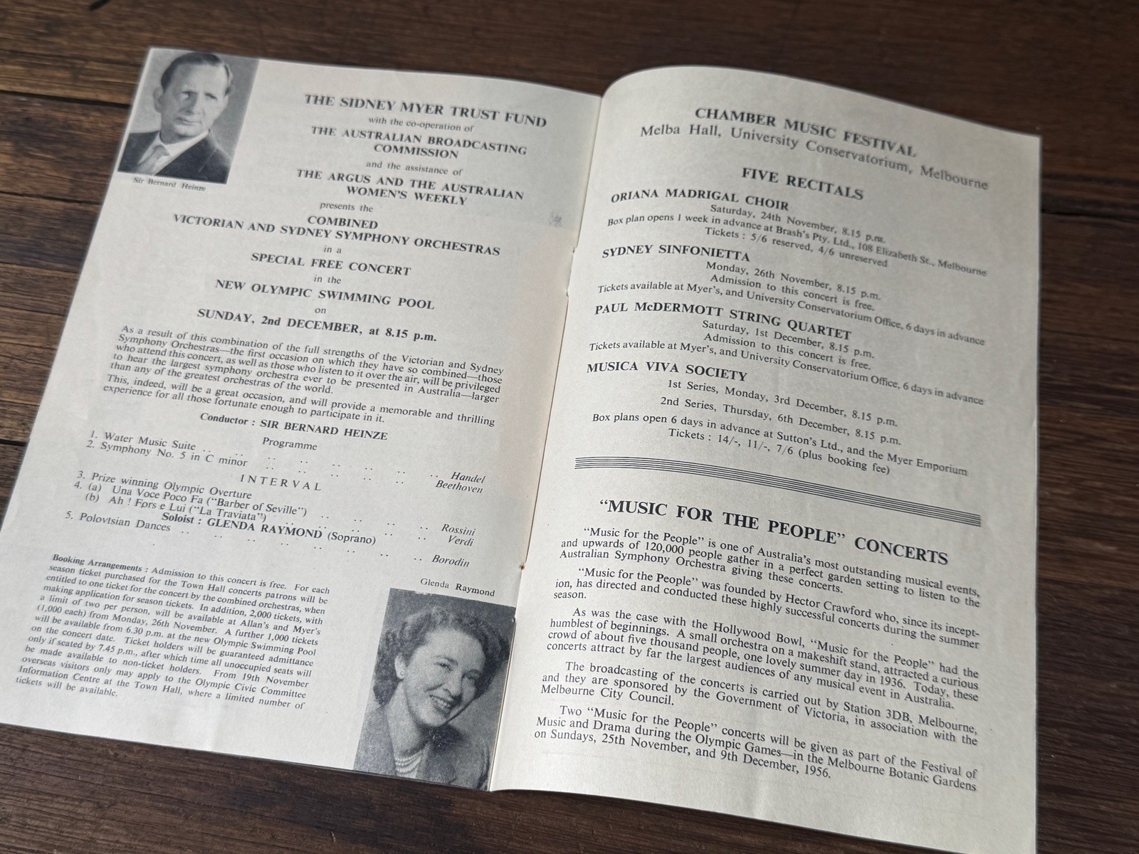 Vintage 1956 Melbourne Olympic Games THE ARTS FESTIVAL Music Programmes