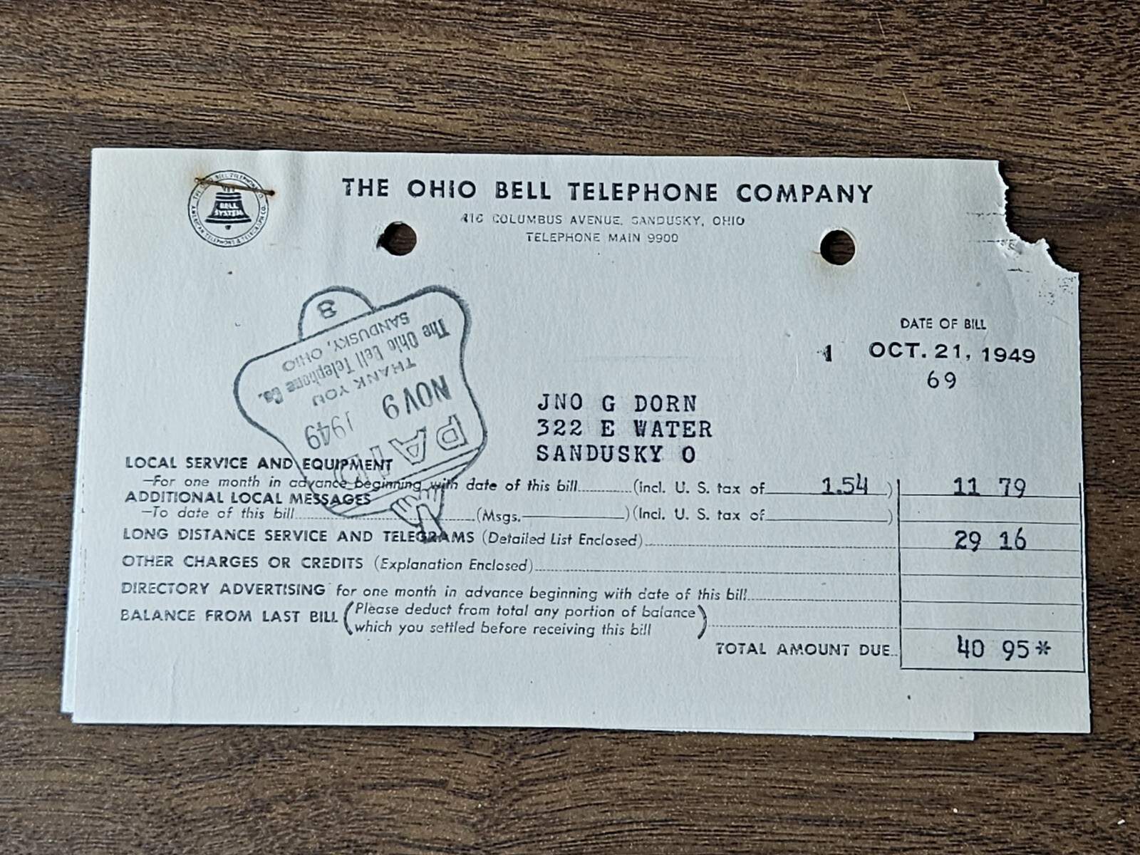 Antique Bill Invoice Receipt Dorn Sandusky Ohio 1949 Bell Telephone Company