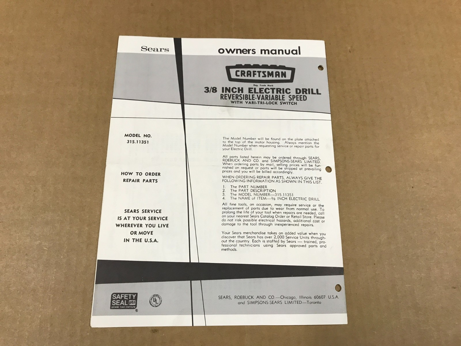 Vintage Sears Craftsman 3/8 Inch Electric Drill Owner’s Manual