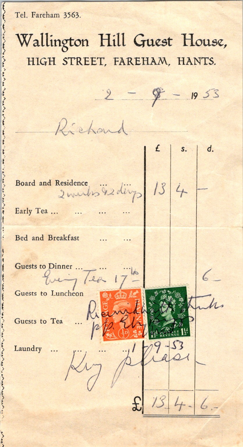 1950s British Guest House Receipt w/ Revenue Stamps Manuscript Cursive