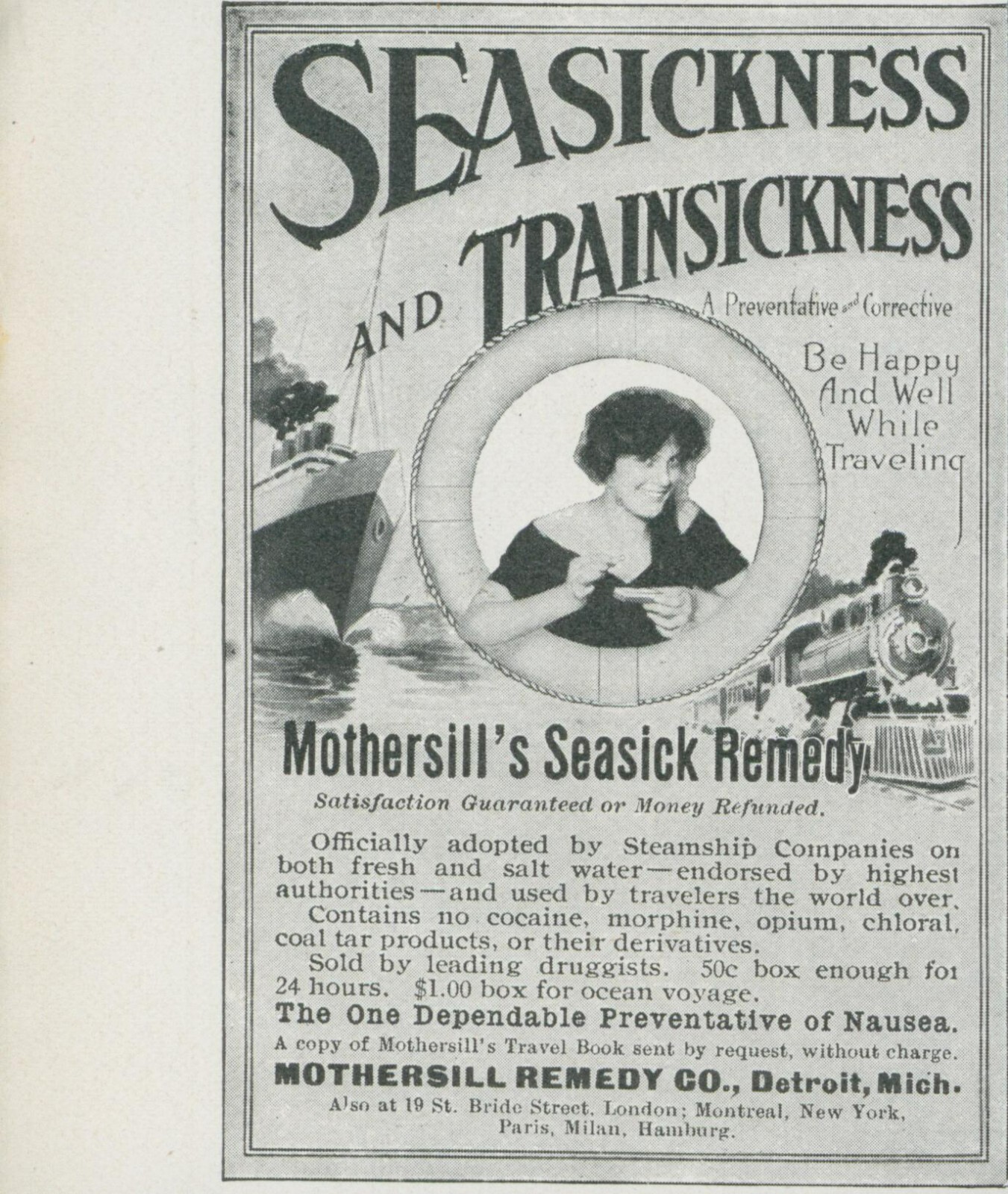 1914 Mothersill Seasick Remedy Ship Train Travel Be Happy Vtg Print Ad CO3