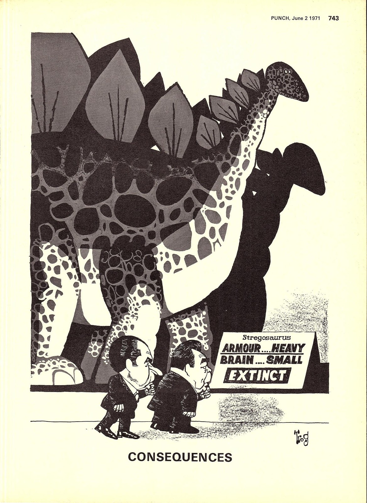 Original 1971 Punch TROG Cartoon Print of NIXON & BREZHNEV “Consequences”