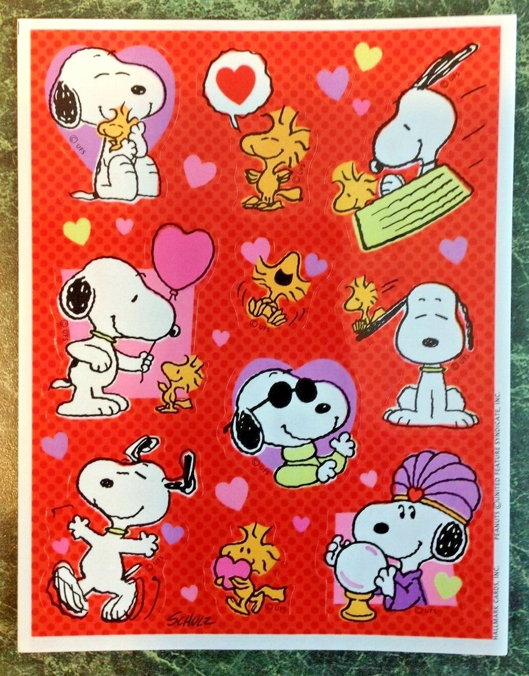 VTG 80s Hallmark PEANUTS Love VALENTINE Sticker Sheet, SNOOPY & WOODSTOCK, Heart