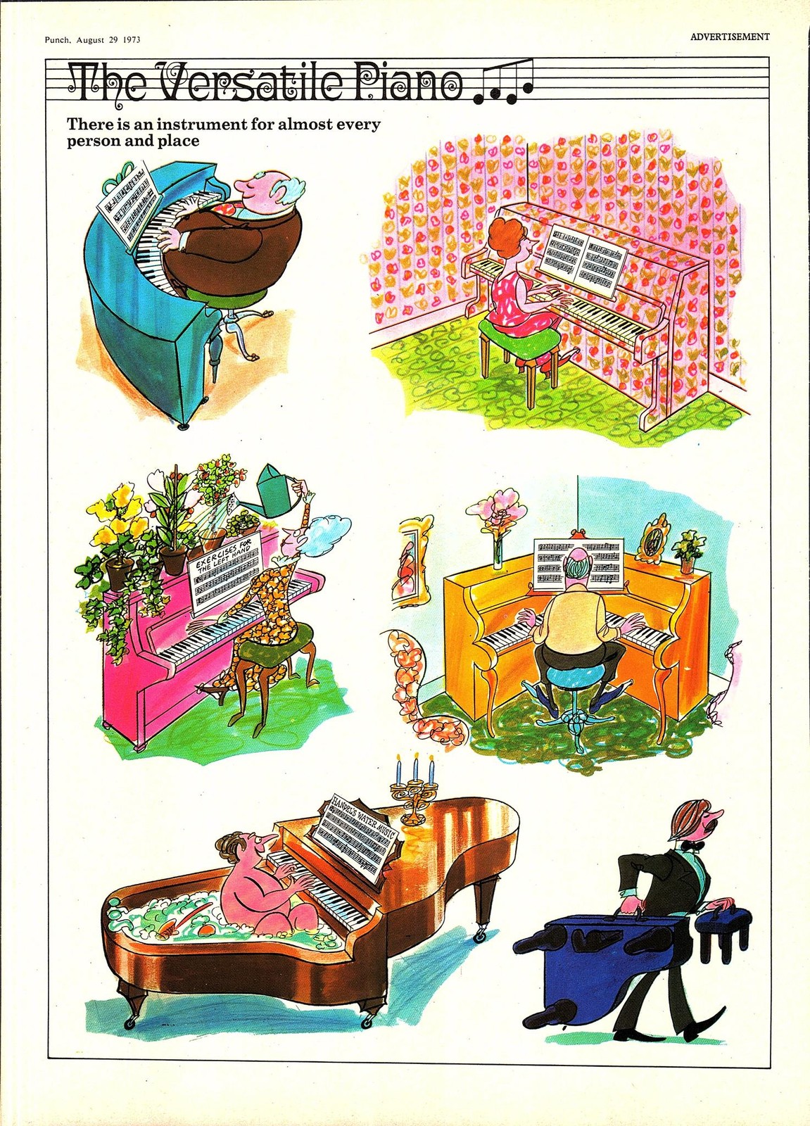 Original 1973 Punch Colour Cartoon Print ‘The Piano, at Home and on Holiday’