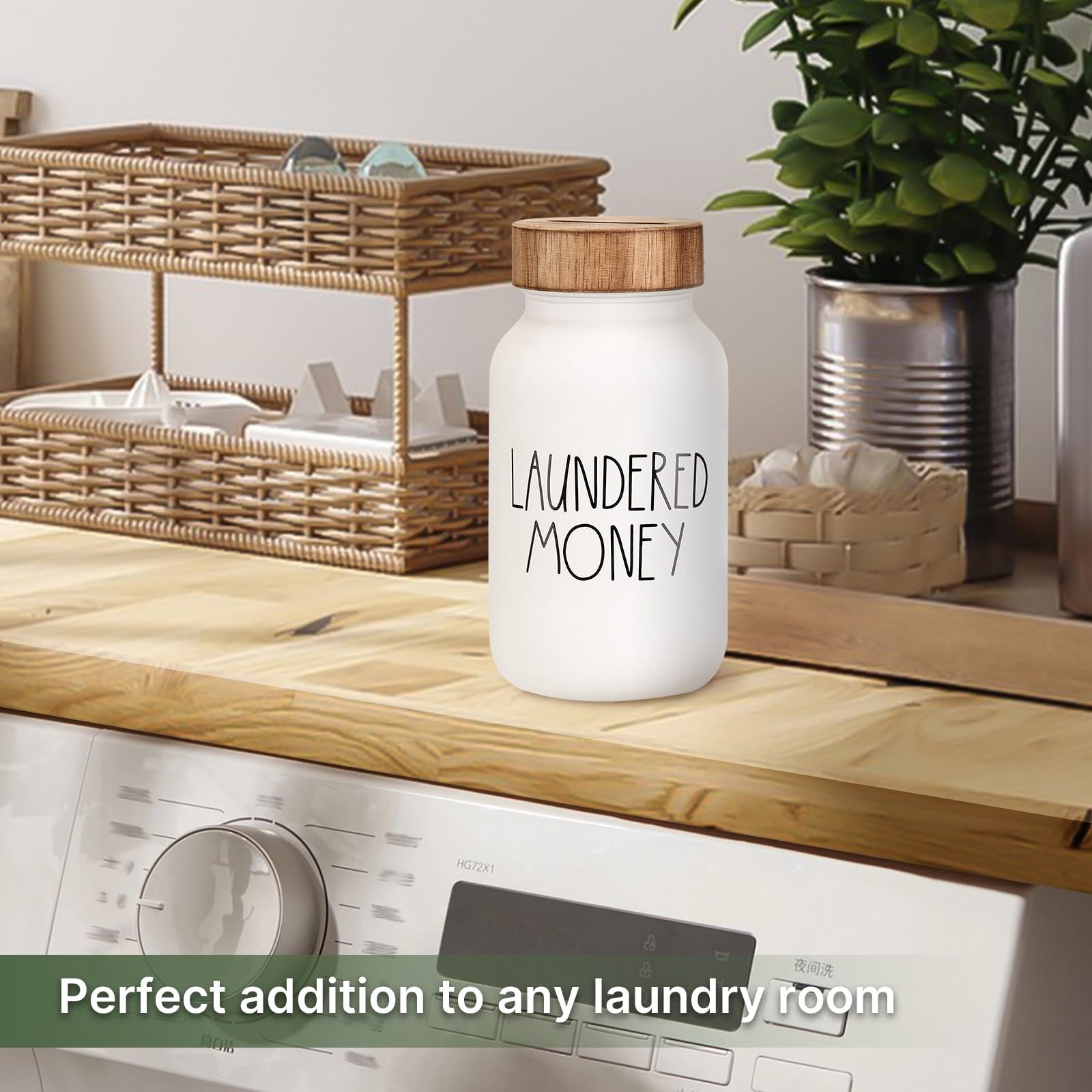 Laundry Room Decor & Organization – Premium Matte White Glass Coin Bank with …