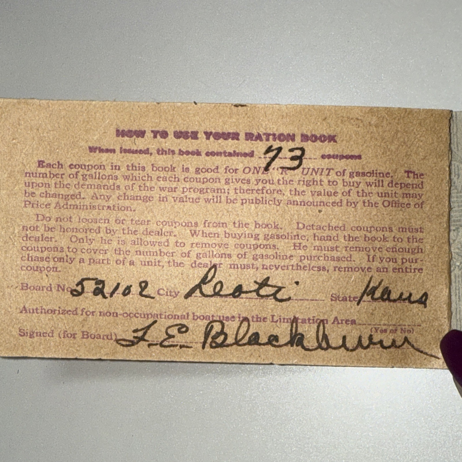 1943-1944 NON HIGHWAY RATIONS BOOKLET 1 FULL PAGE LEFT Kansas WWII World War Two