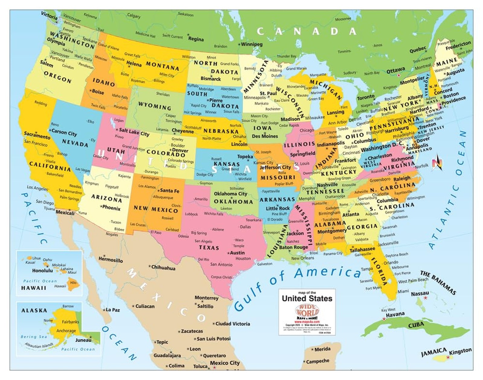 Colorful United States Wall Map showing Gulf of America (25″ × 19″)