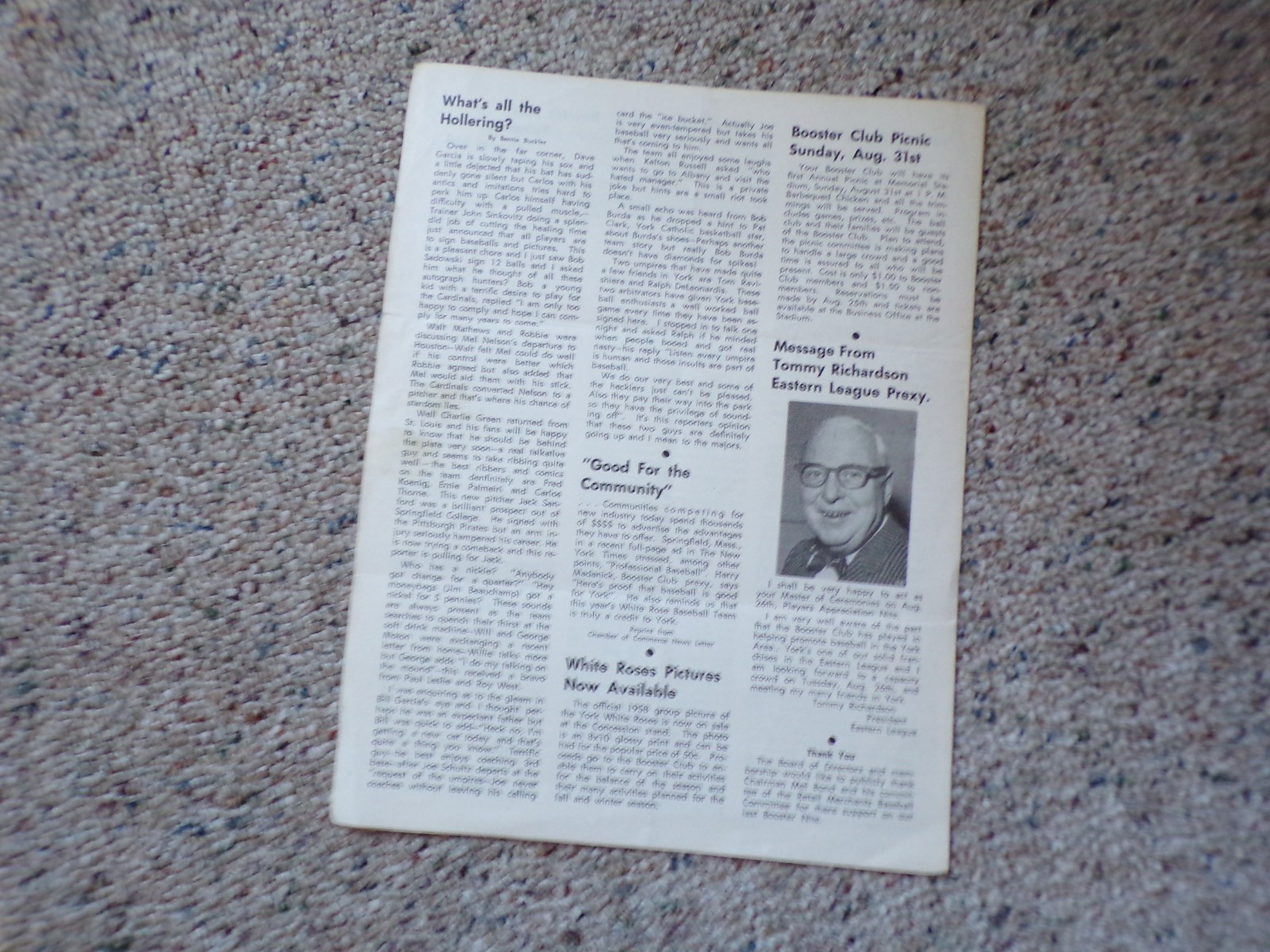 1958 Baseball White Rose Booster Club York PA News Letter Jim Grieves Vol 1 No 4