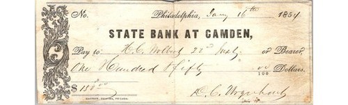 1854 State Bank Camden NJ Check H.C. Wolbach R.C. Urquhart Maurice Printer