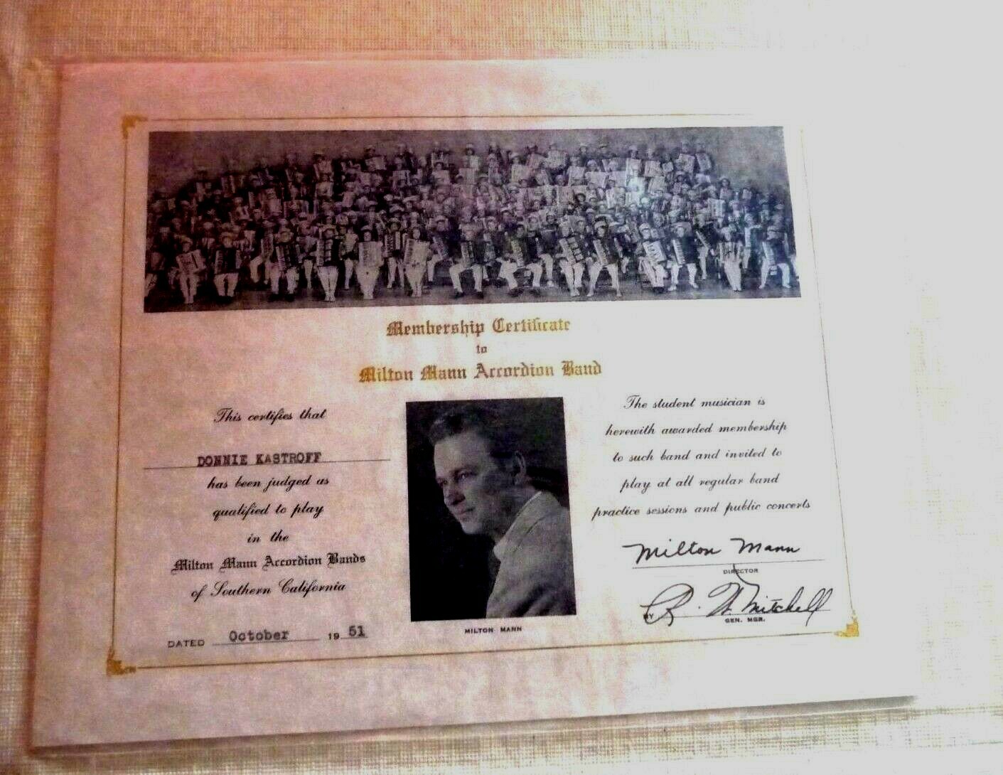 VINTAGE CERTIFICATE MILTON MANN ACCORDION BAND SOUTHERN CALIFORNIA 1951