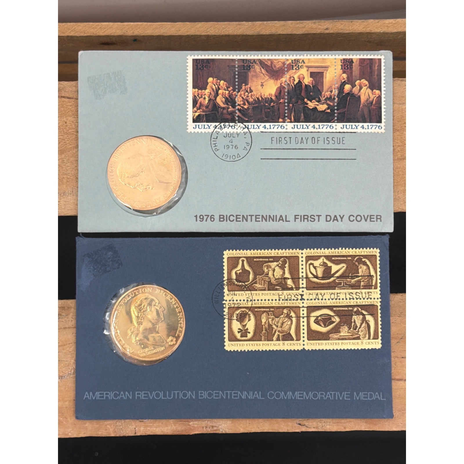 1976 American Revolution Bicentennial Cover Medals Washington & Jefferson