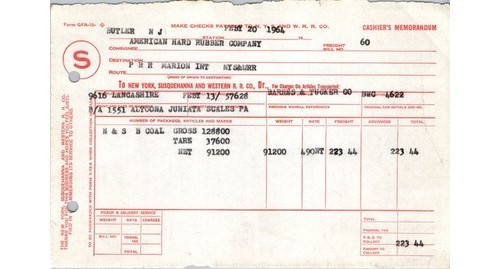 NYS & W Railroad Cashier’s Memo GFA-15 1964 Coal to Amer Hard Rubber Butler NJ