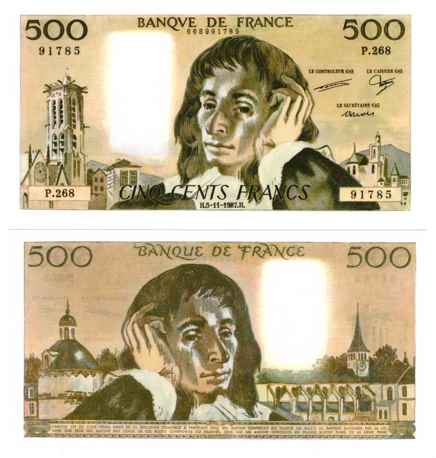 u Reproduction Note France 500 Francs 1987 Pick #156 5602R