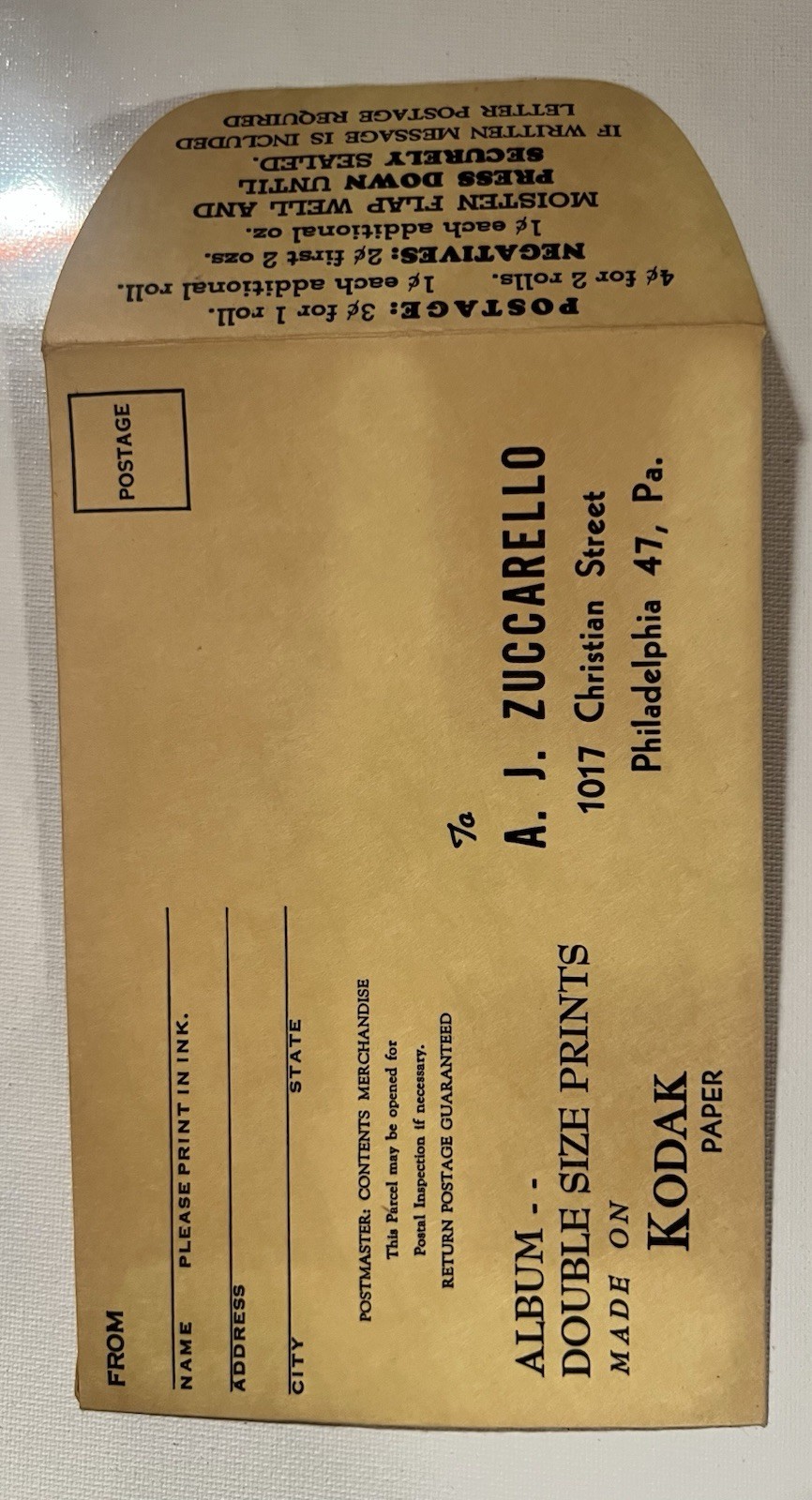 MINT 1948 Phila. Vintage Kodak Mail-In Film Photo Developing Envelope One
