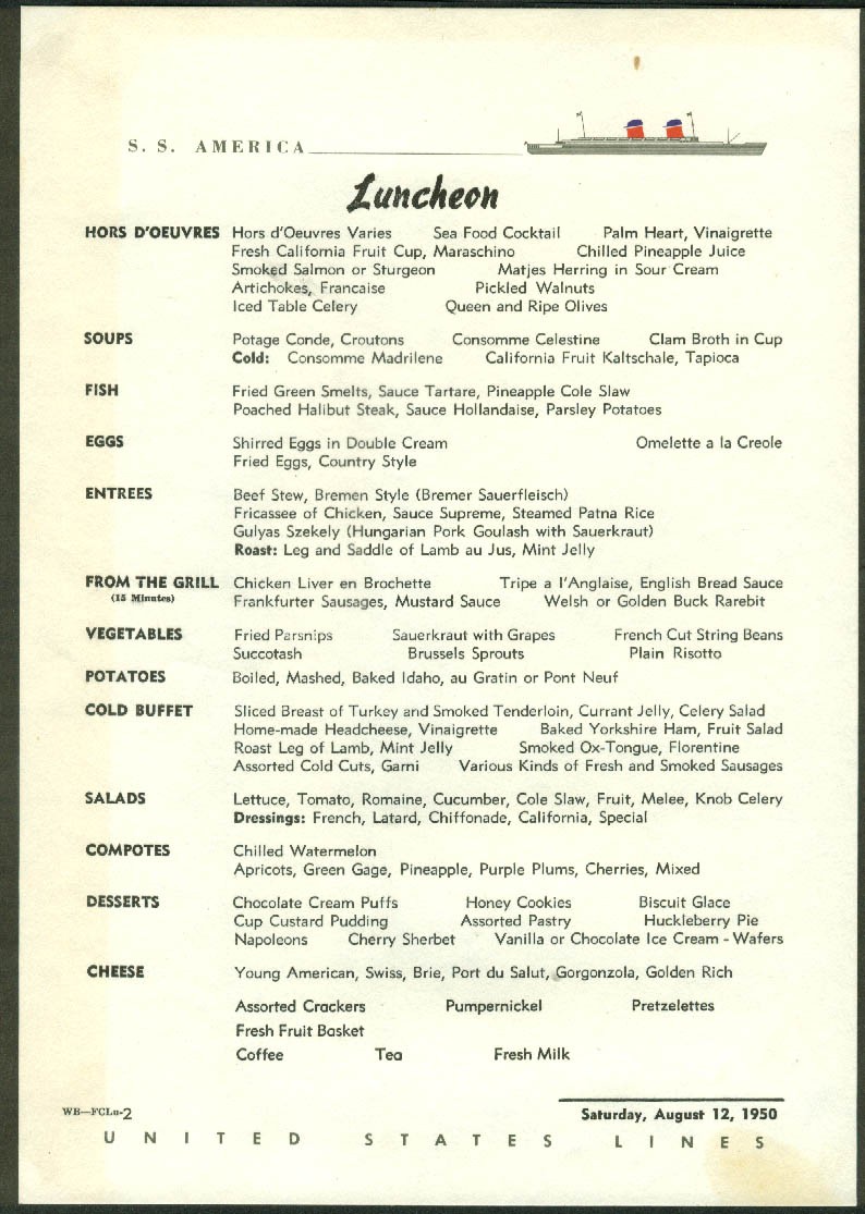 United States Lines S S America Breakfast Menu Card 8/12 1950
