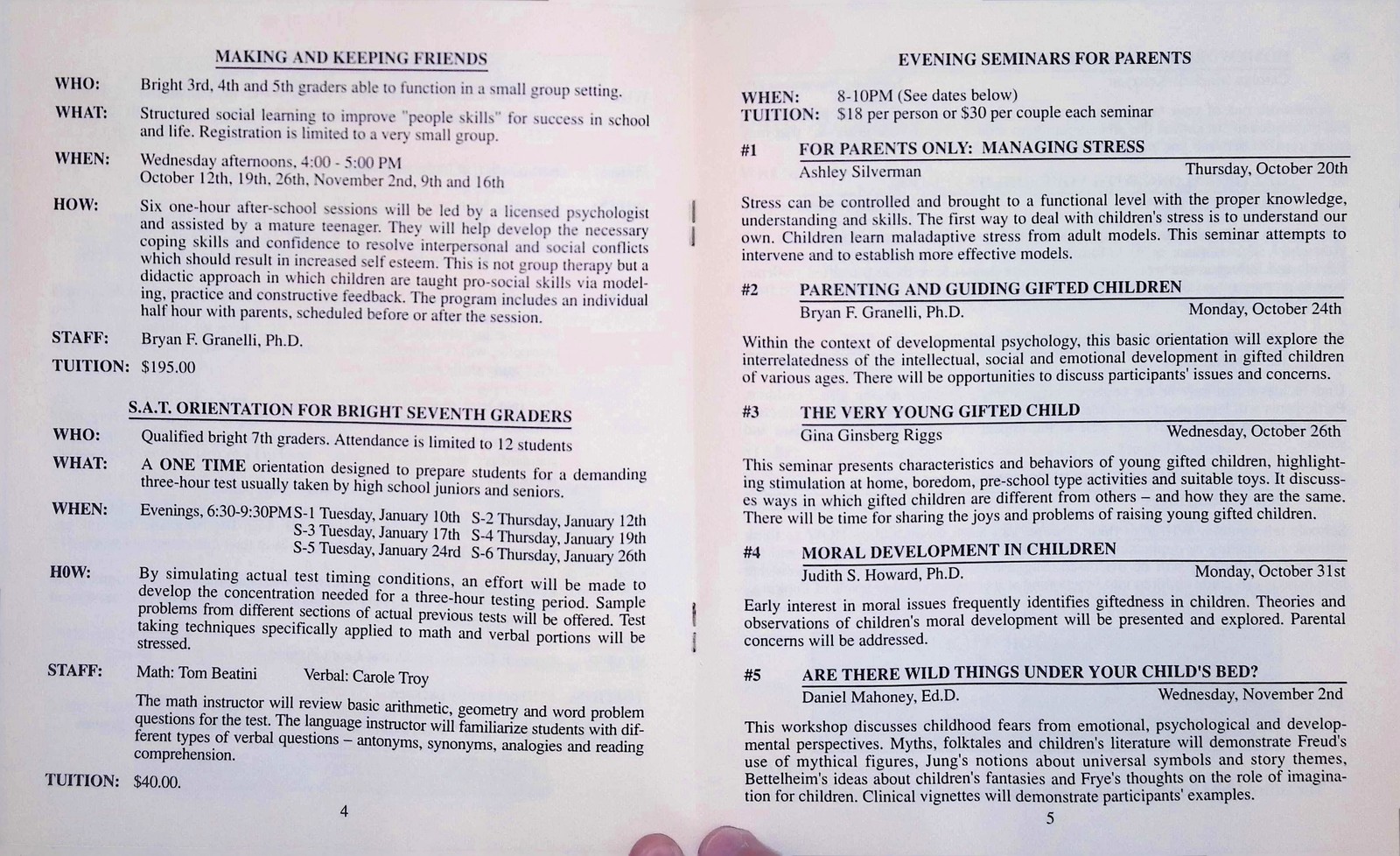 Gifted Child Society 1960s Brochure Glen Rock NJ Enrichment Program