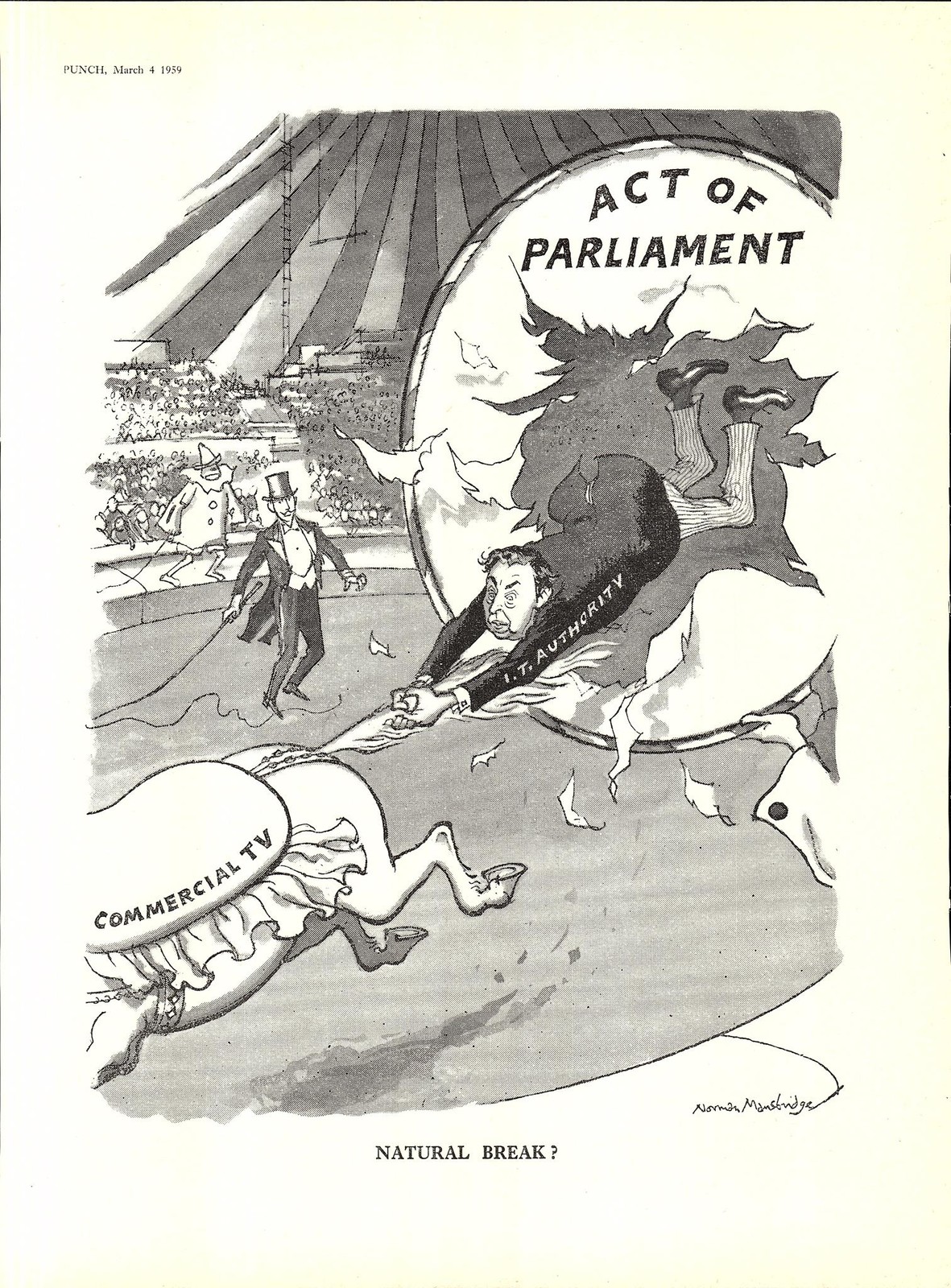 Original 1959 Punch Cartoon Print ‘Commercial TV – Natural Break?’ Circus Horse