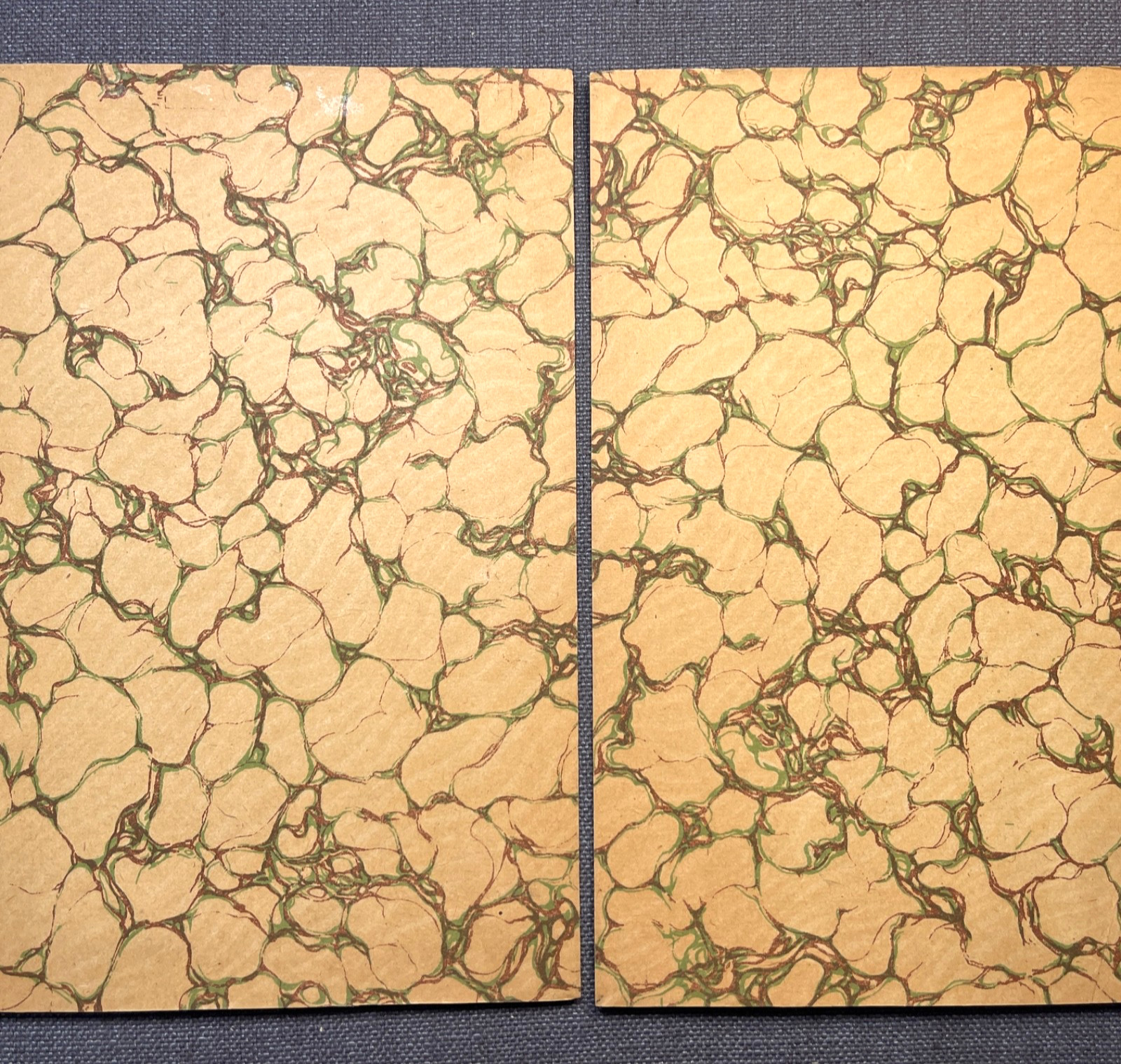 Antique Marbled End Papers Pair Bookbinding Yellow Brown Green