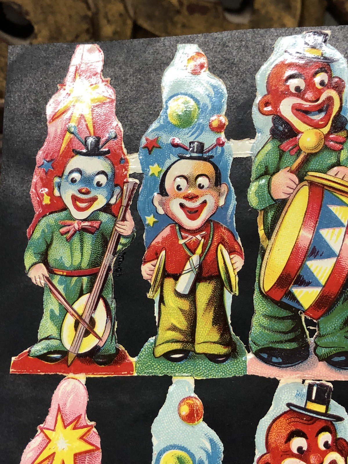 Cats in Hearts & Creepy Clowns Die Cut Scraps Glued on Paper Double Sided L5