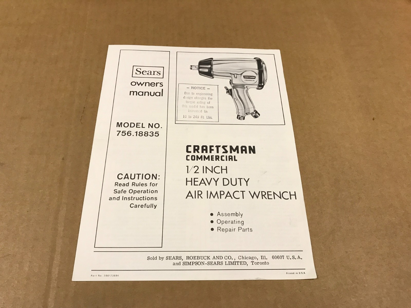 Vintage Sears Craftsman Commerical 1/2 Inch Heavy Duty Air Impact Wrench Manual