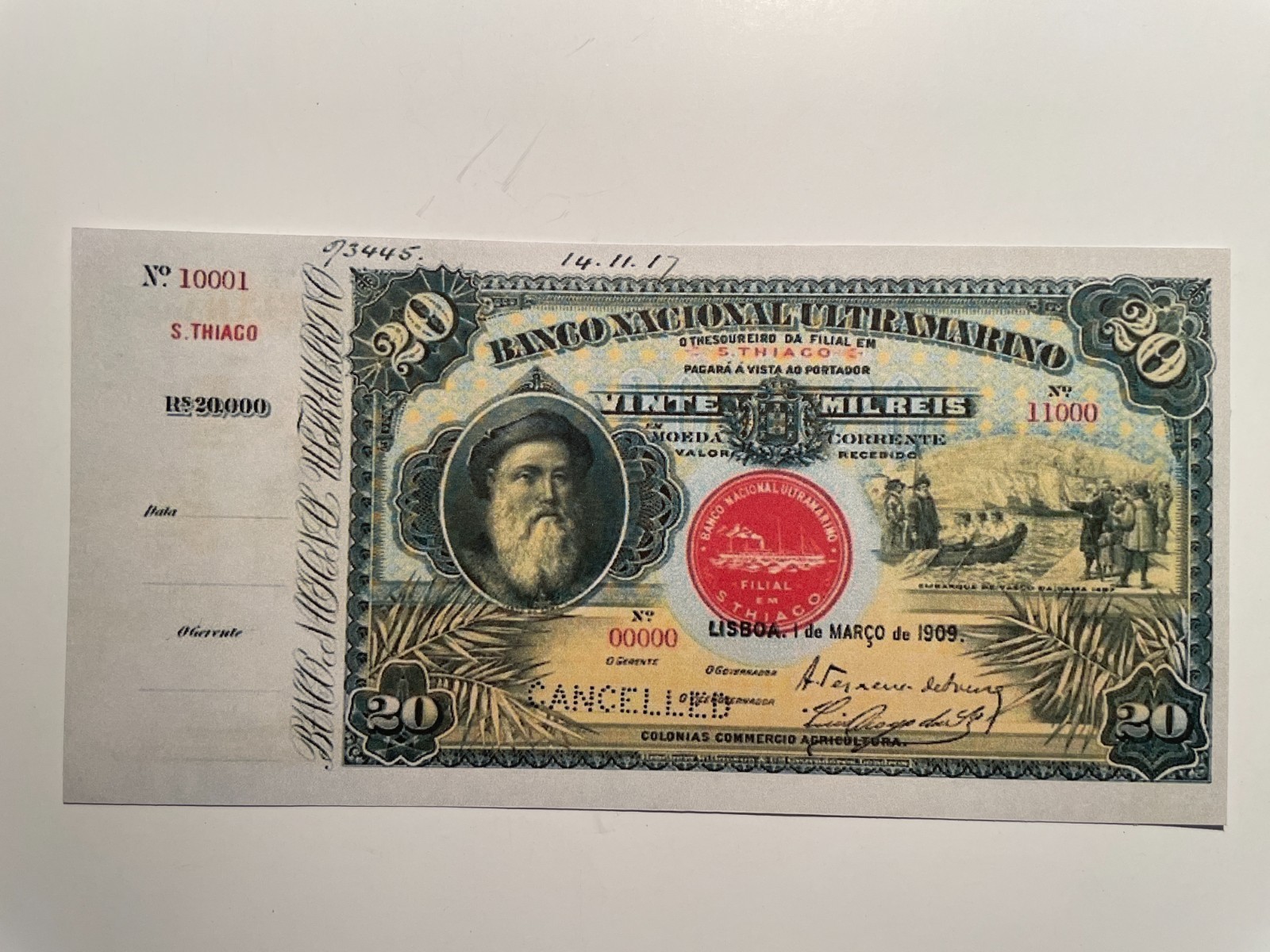 Cape Verde, Cabo Verde 20 Mil Reis 1909 Banknote reproduction