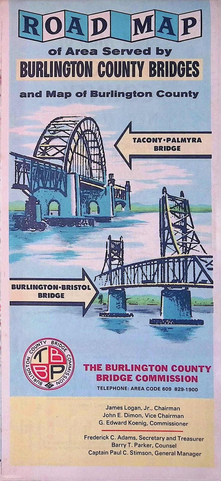 Burlington County Bridges Road Map c1950 Tacony-Palmyra Bristol NJ PA Toll