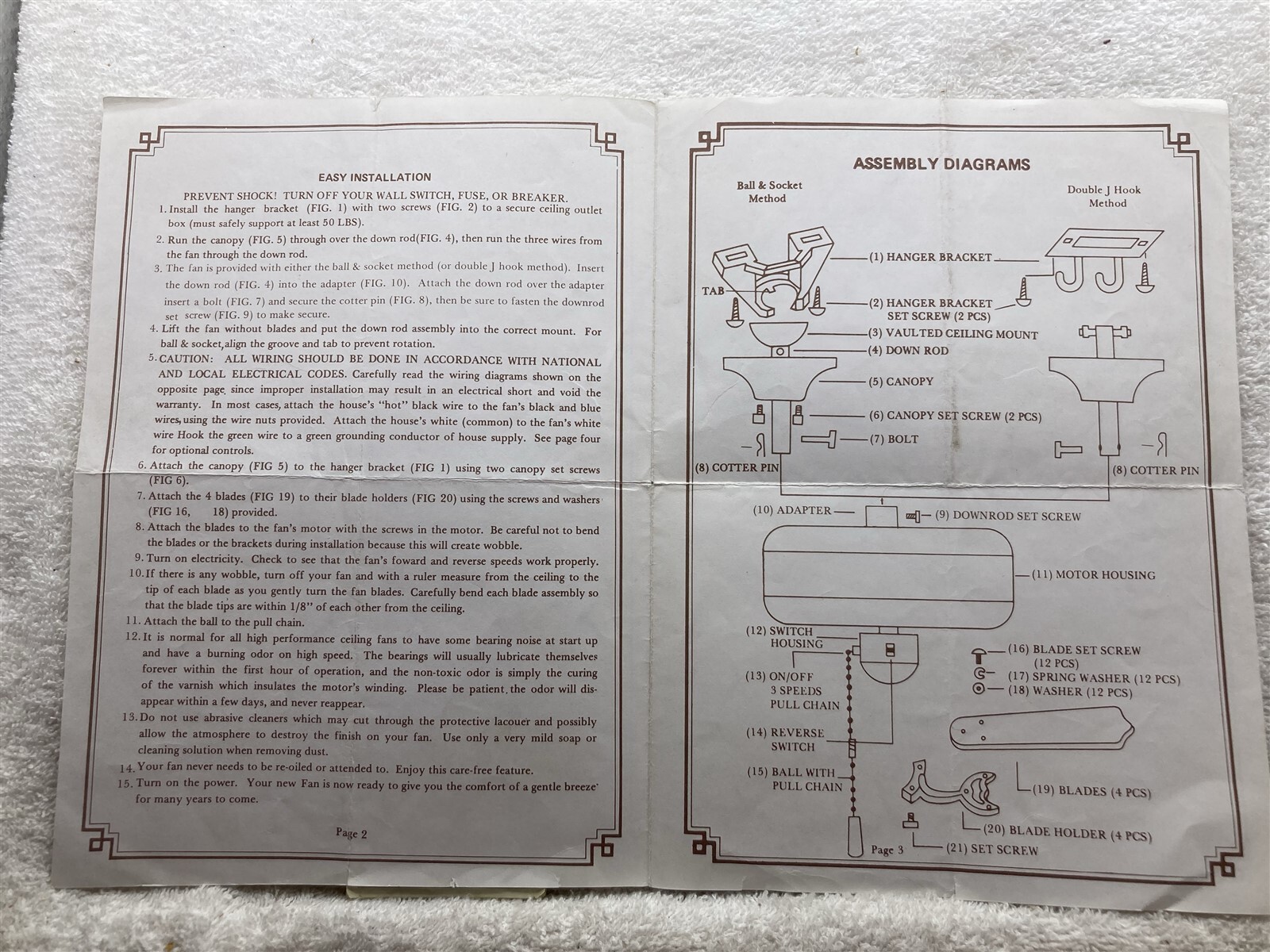 1980s 1990s Unknown Brand Ceiling Fan Owners Guide Sheet Hunter ? Vtg