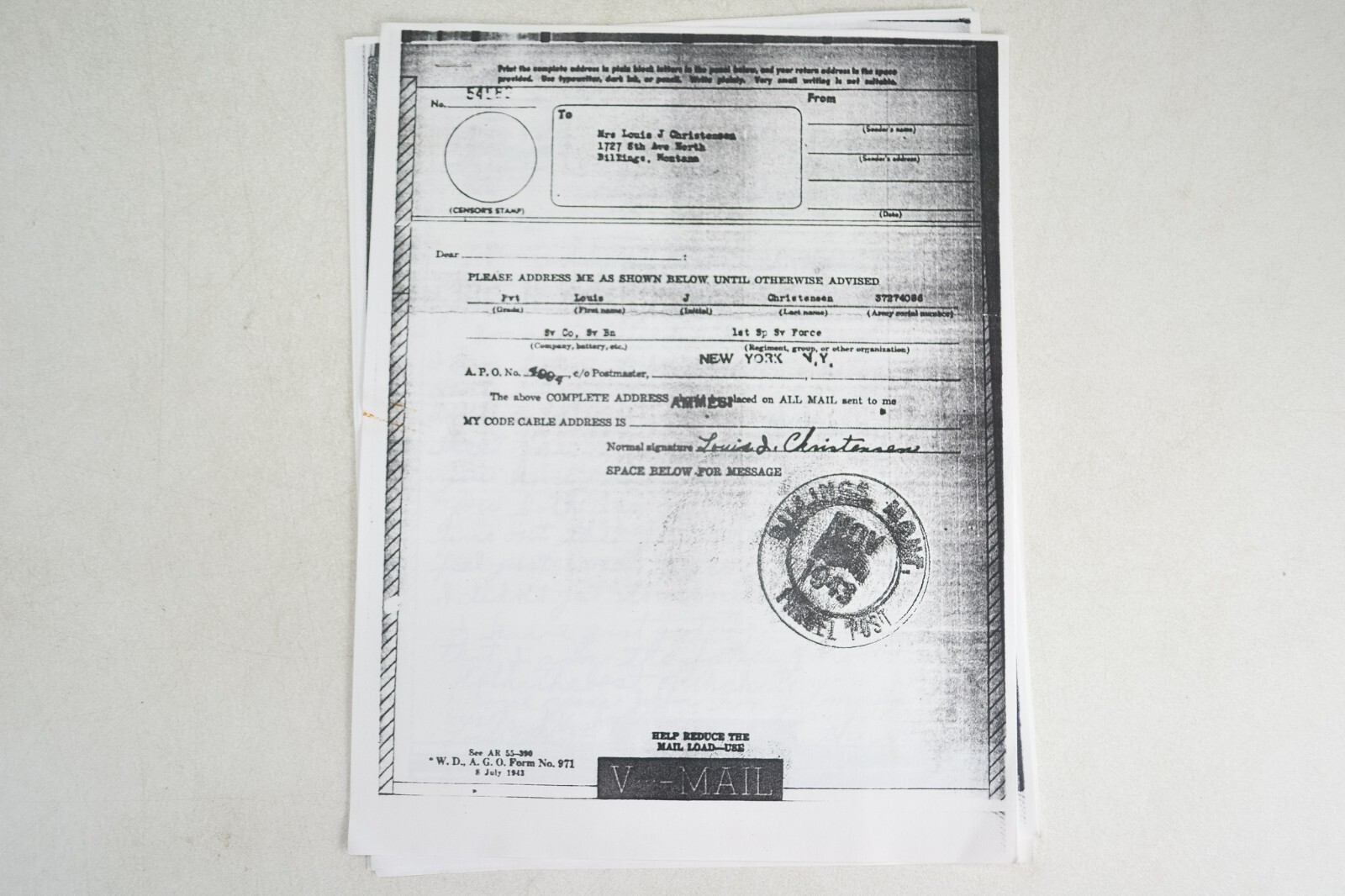 Modern Photocopies of WWII era 1943 Letters & Correspondence