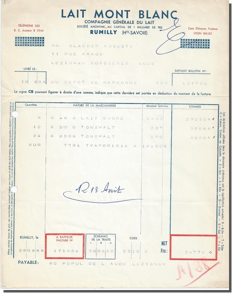 Invoice – Compagnie Generale Du Lait Mont Blanc In Rumilly 1958