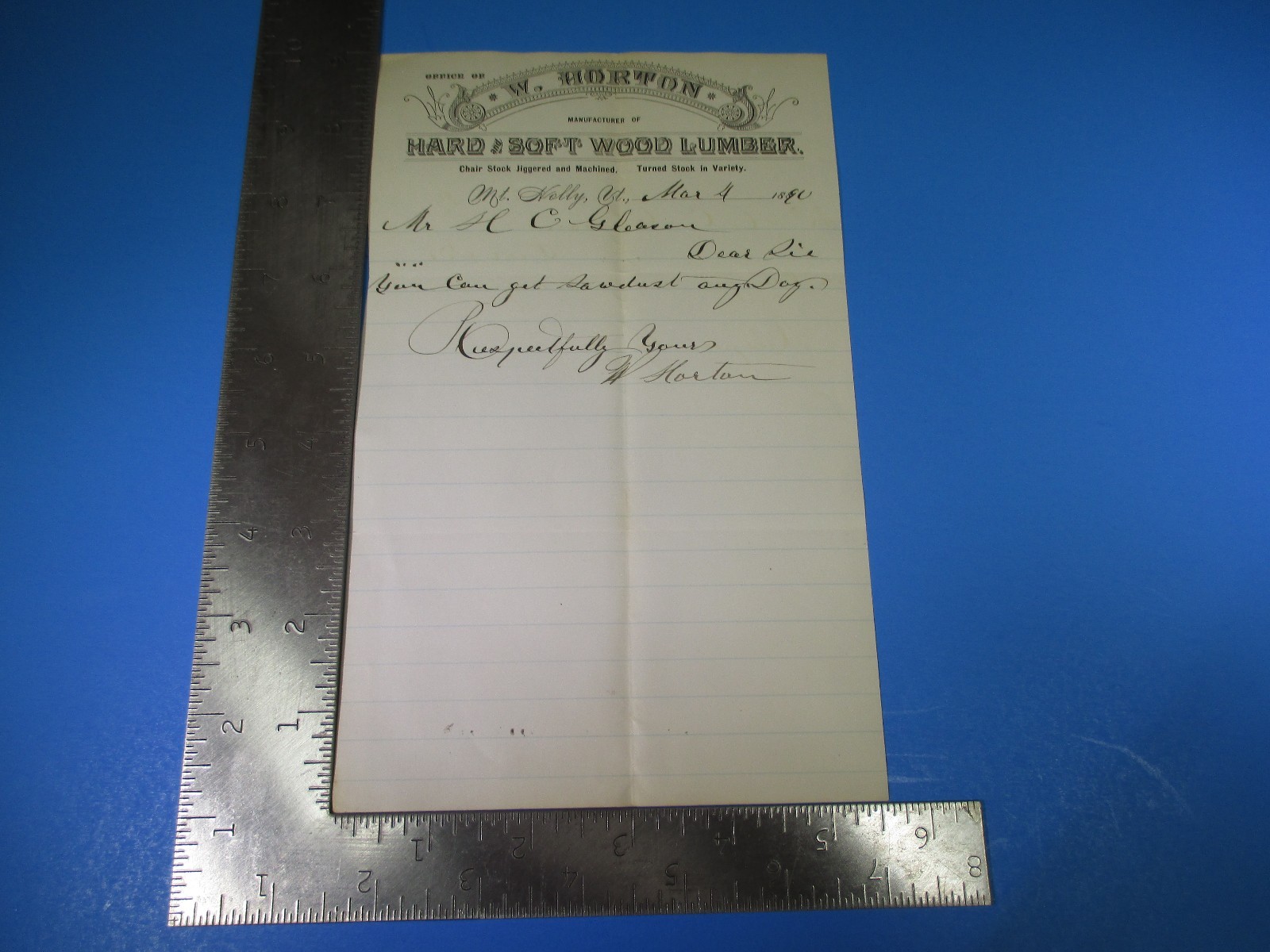 Antique 1890 W. Horton Hard Soft Wood Lumber Letterhead and Letter S6809