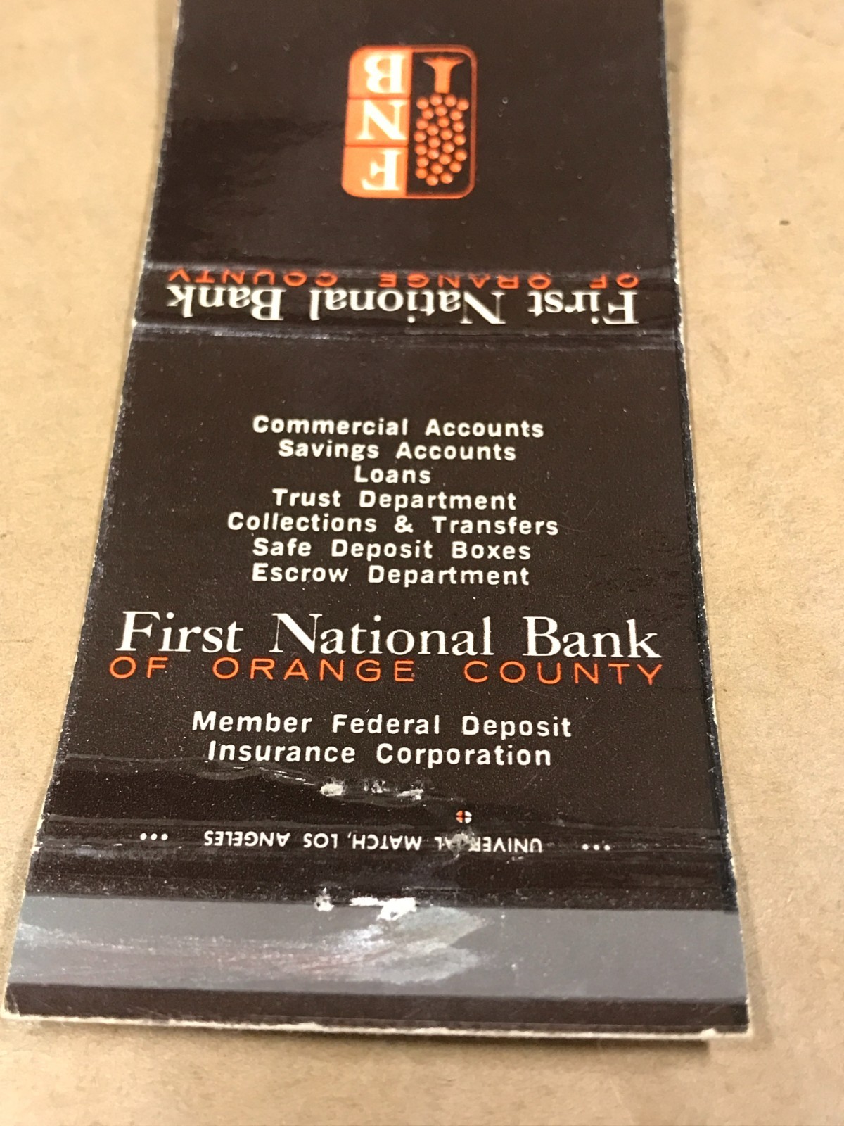 Vintage First National Bank Of Orange County – Matchcover, Matchbook