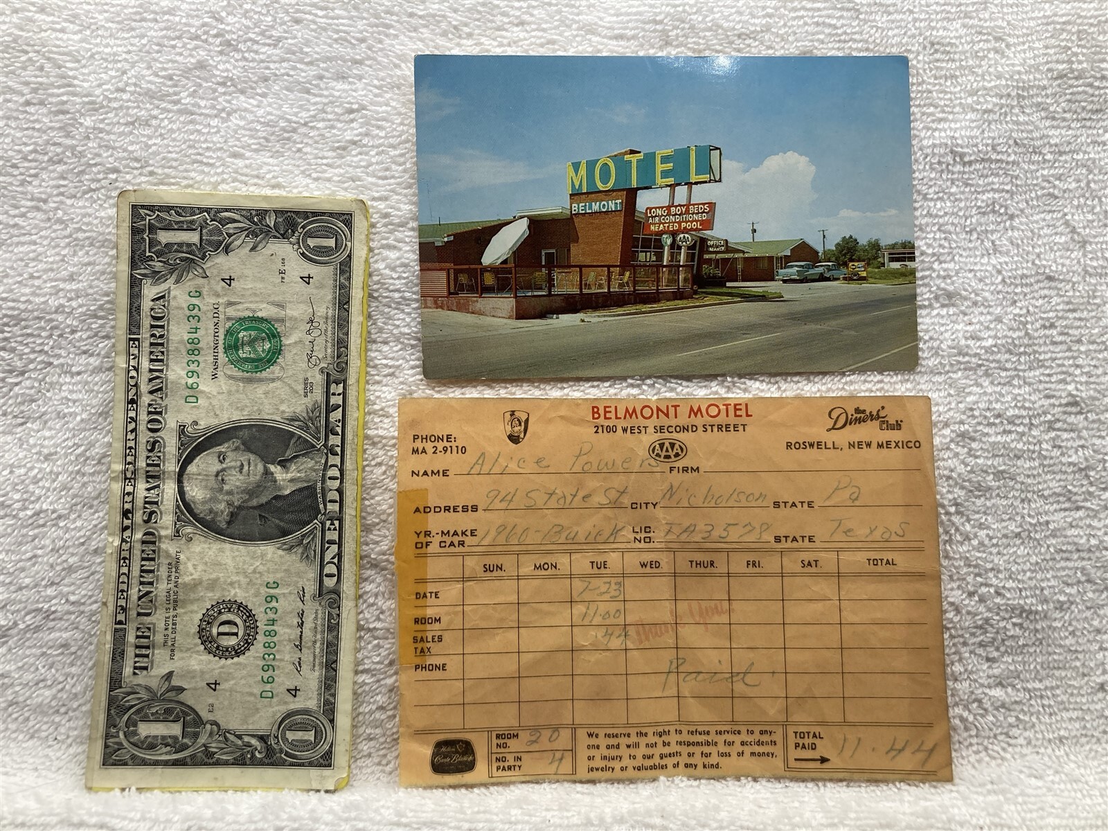1960s Belmont Motel Roswell New Mexico Receipt NM Postcard Vtg