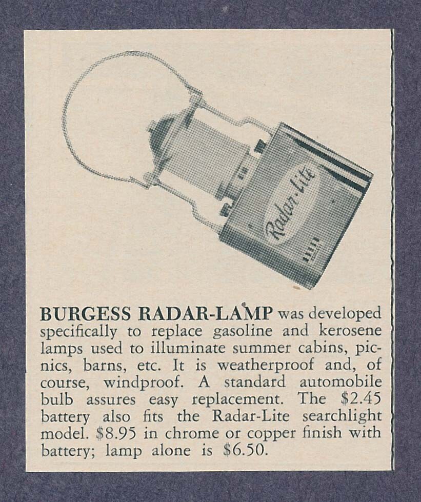 Burgess Radar Lite Light Lamp Battery Electric Vintage Print Ad July 1956
