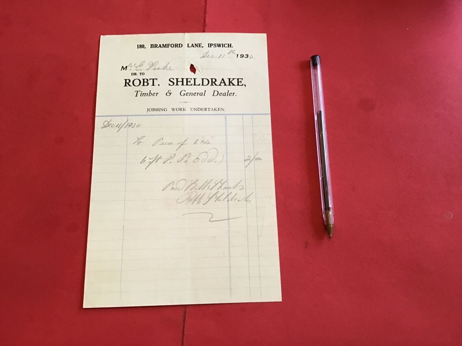 Robt. Sheldrake Ipswich Timber & General Dealer 1936 receipt R36554