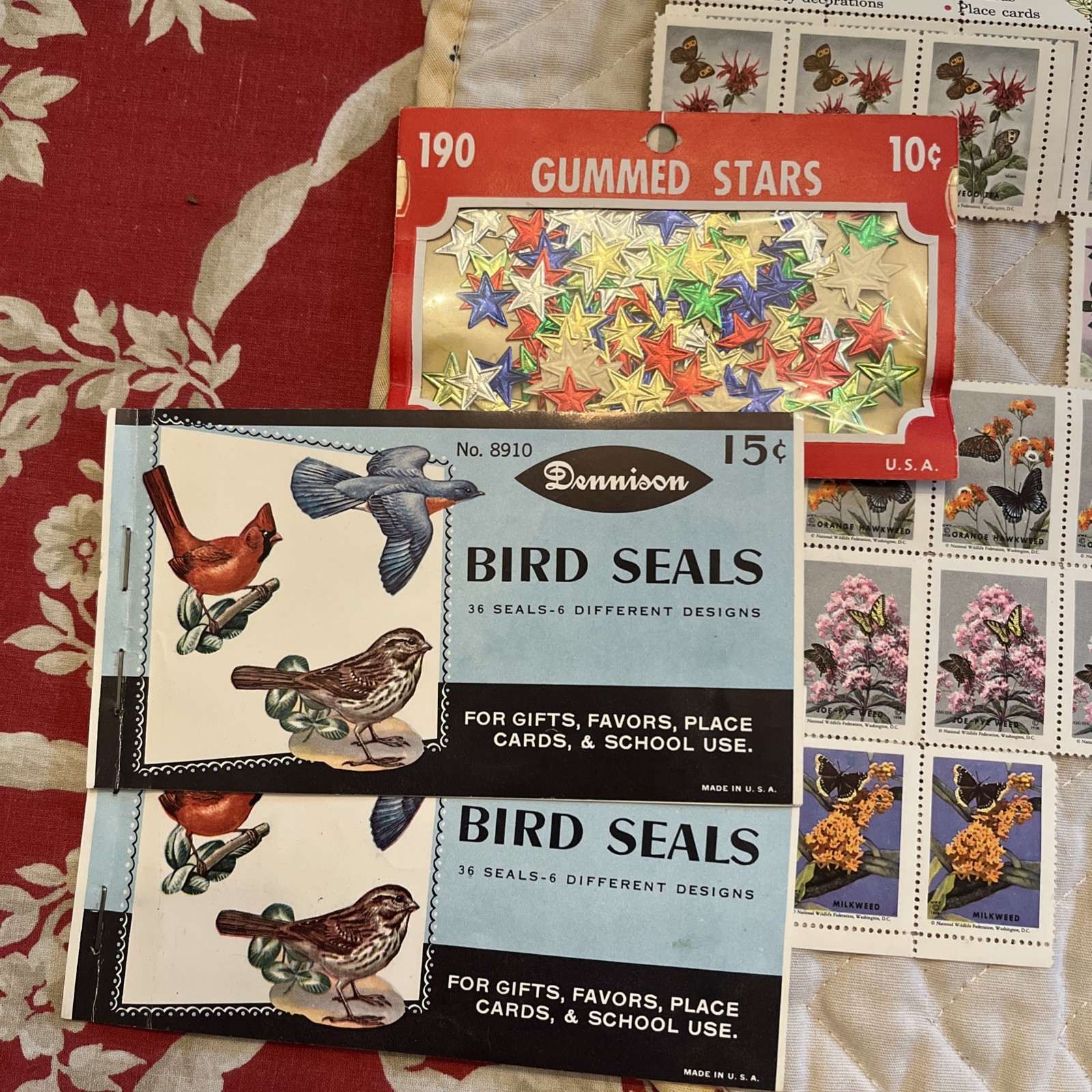 Vintage Gummed Seals Eureka Dennison Seasonal Butterflies Birds Stars Lot