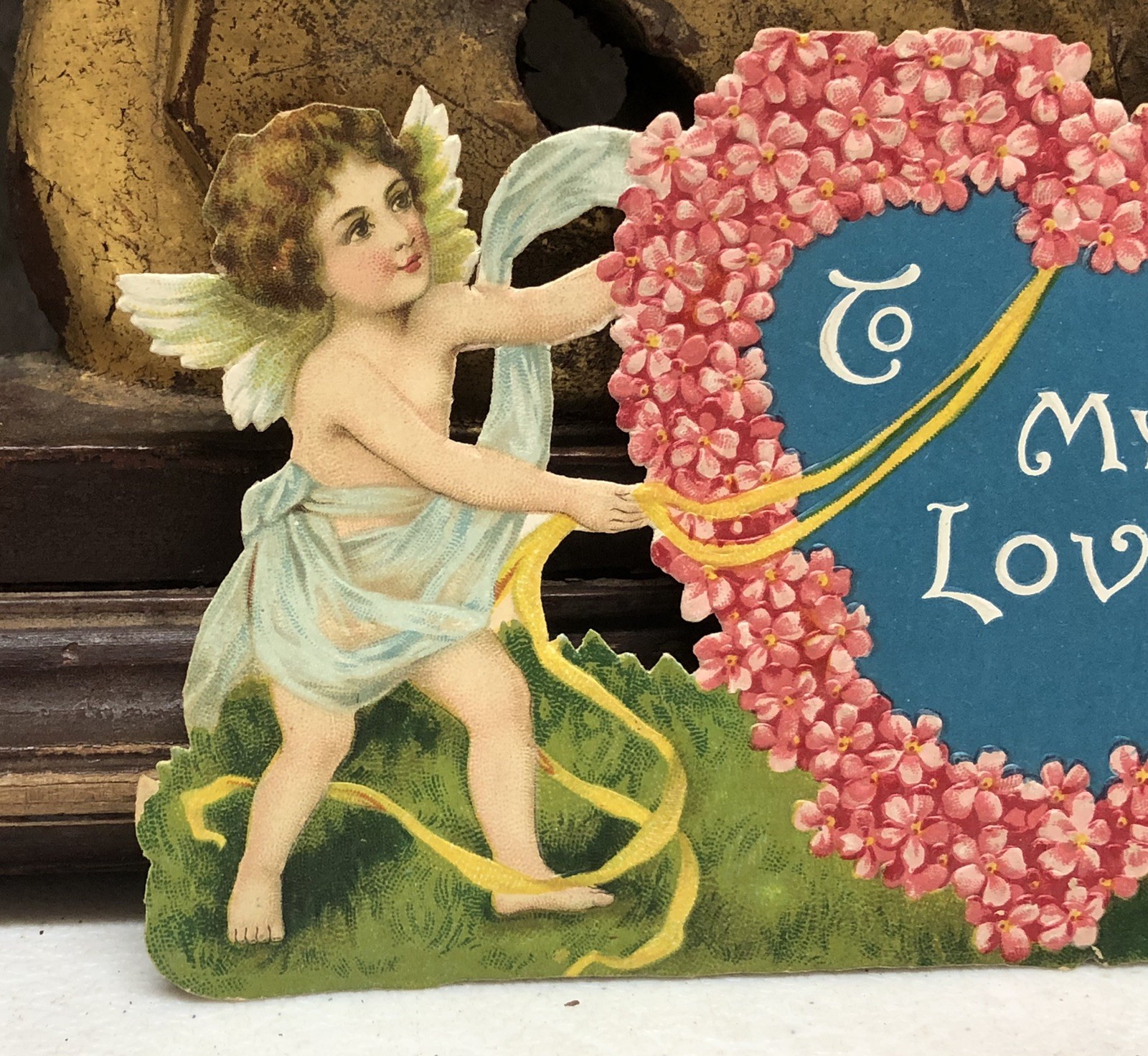 Scrap of 2 Cherubs Holding Ribbons in Heart Shape “To My Love”