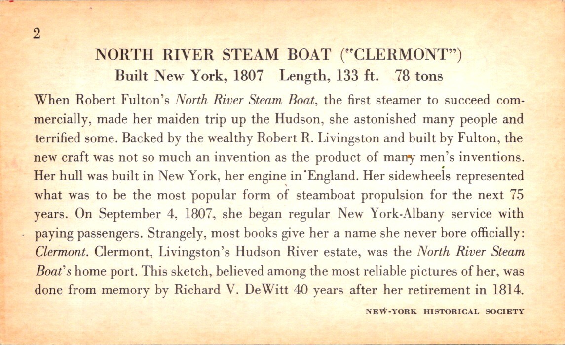 Educational Card 2 North River Steam Boat “Clermont” 1807 Lithograph DeWitt