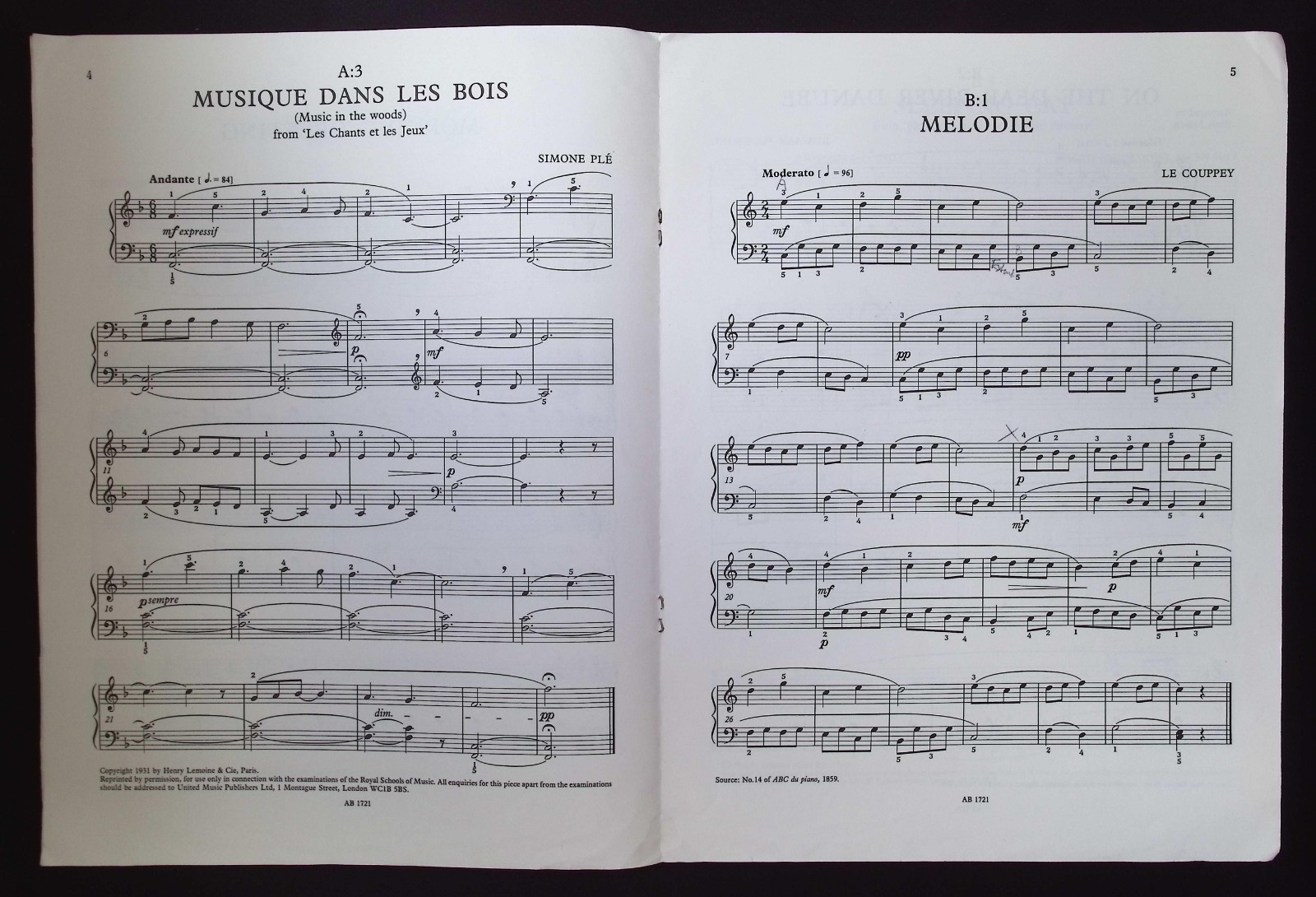 Royal Schools of Music Pianoforte Examination Pieces 1982 Grade 1 Lists A & B