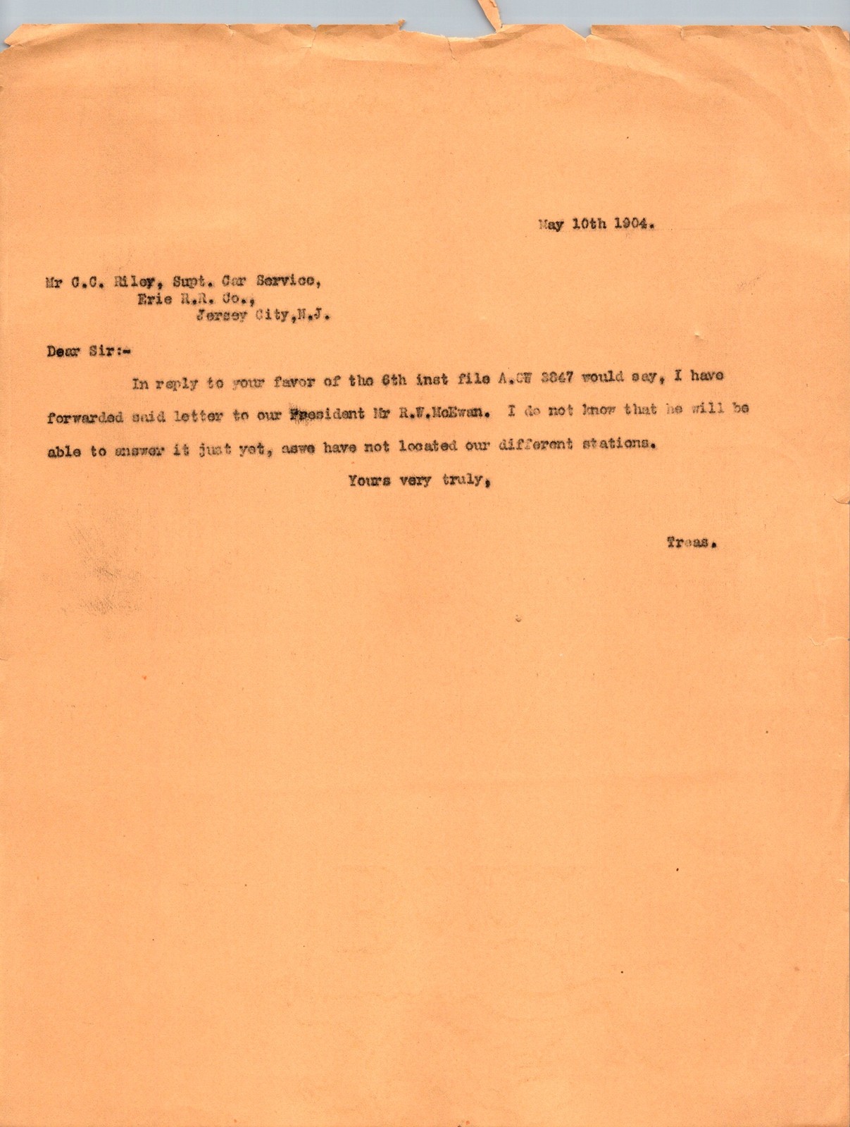 1904 Erie Railroad Company Typed Business Letter Jersey City Car Service