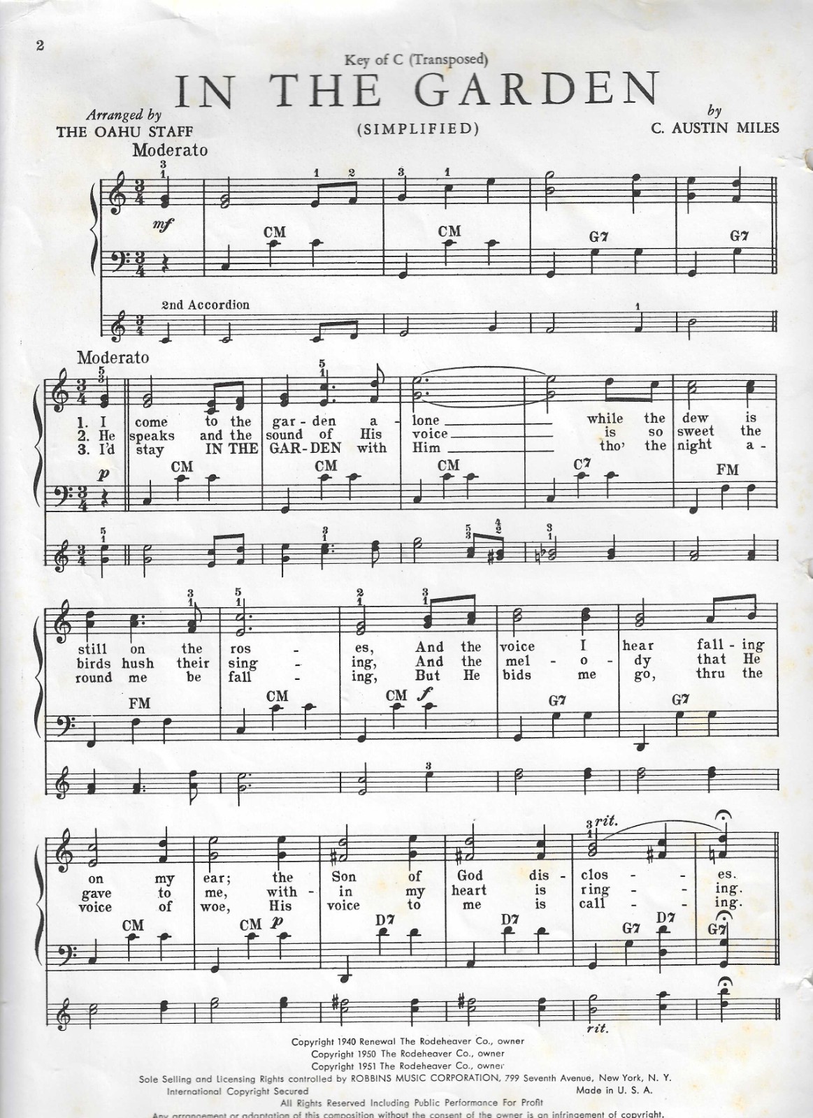 1951 IN THE GARDEN by C. Austin Miles ACCORDION SOLO Sheet Music