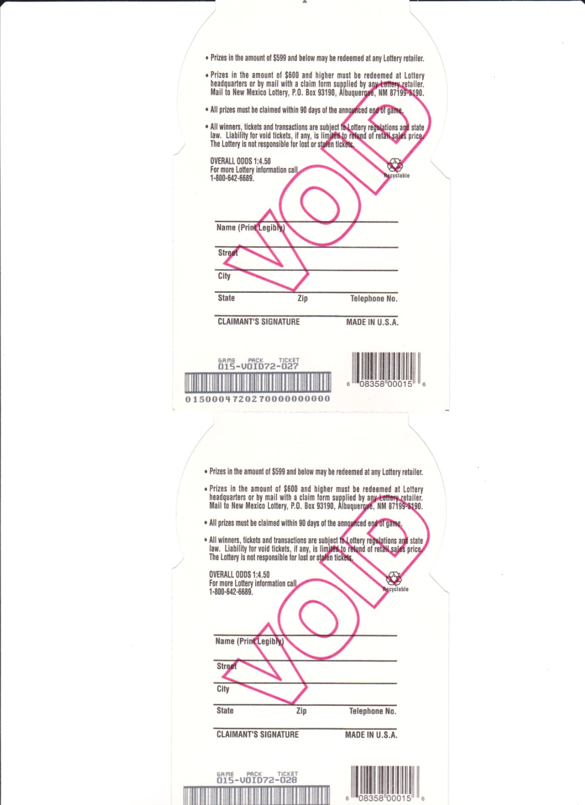 New Mexico Lottery – Balloon Fiesta Theme – Sample Void Ticket – no cash value