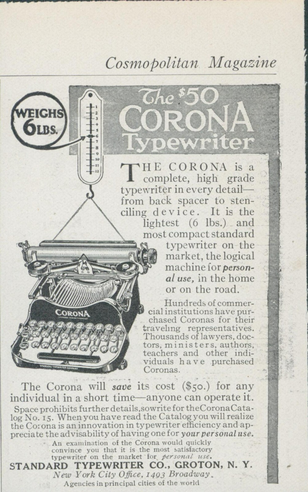 1914 Corona Standard Typewriter Co Groton NY Light Compact Vtg Print Ad CO3