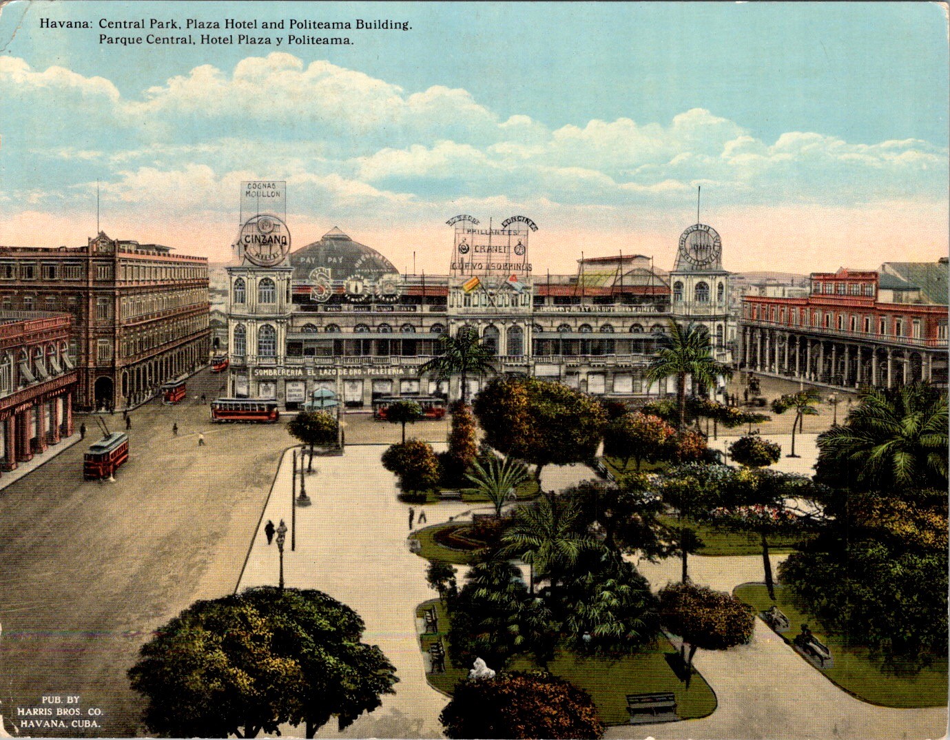 Havana Cuba Central Park 1920s Lithograph Postcard Harris Bros Co Plaza Hotel