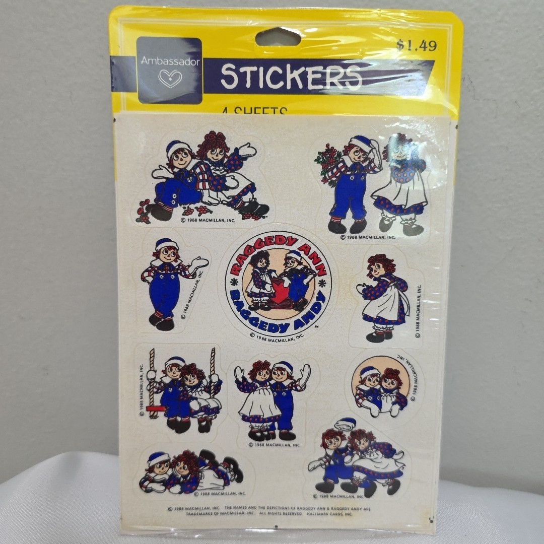 Vintage 1988 RAGGEDY ANN & ANDY STICKERS MacMillan HALLMARK Ambassador 4 SHEETS