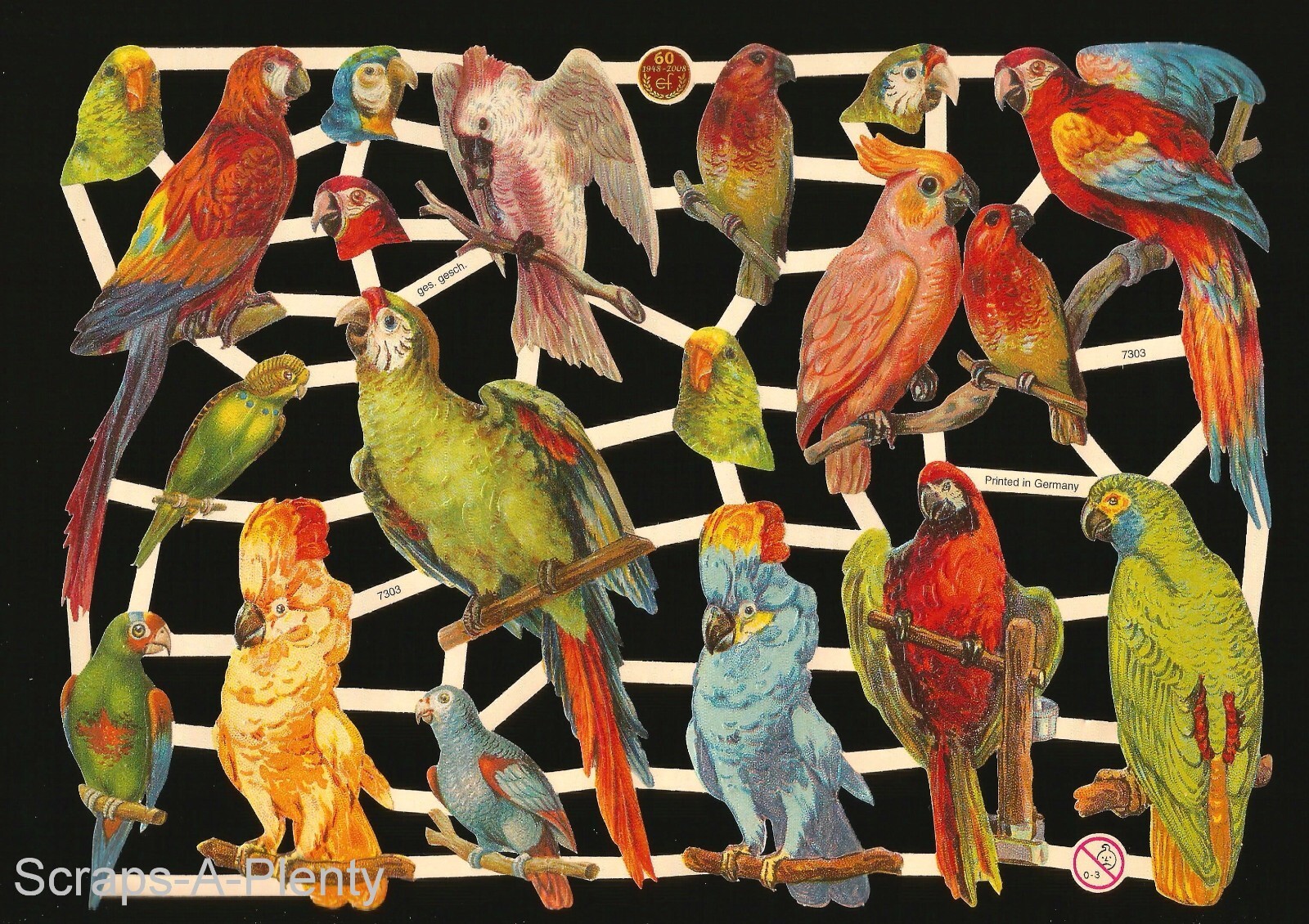 German Embossed Victorian Style Scrap Die Cut- Bright Colorful Birds EF7303