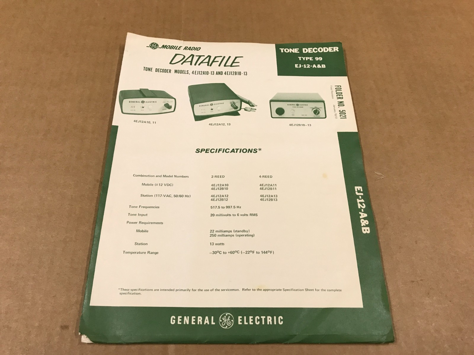 Vintage GE Datafile- Tone Decoder Models Type 99 EJ-12-A&B – Folder #5021
