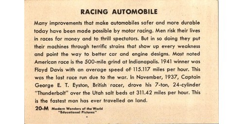 Educational Pictures Trade Card Racing Car 1940s Indy 500 #20-M Speedway