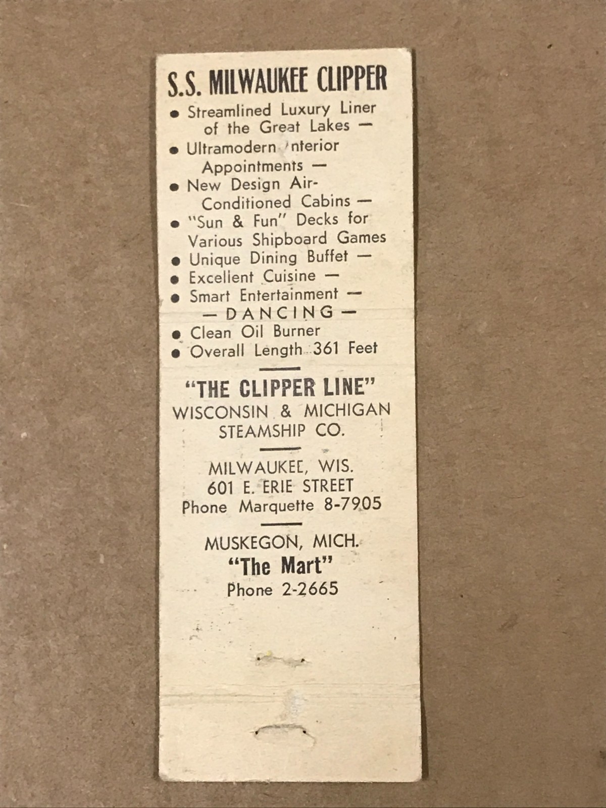 Vintage The Clipper Line “Across Lake Michigan” Matchcover